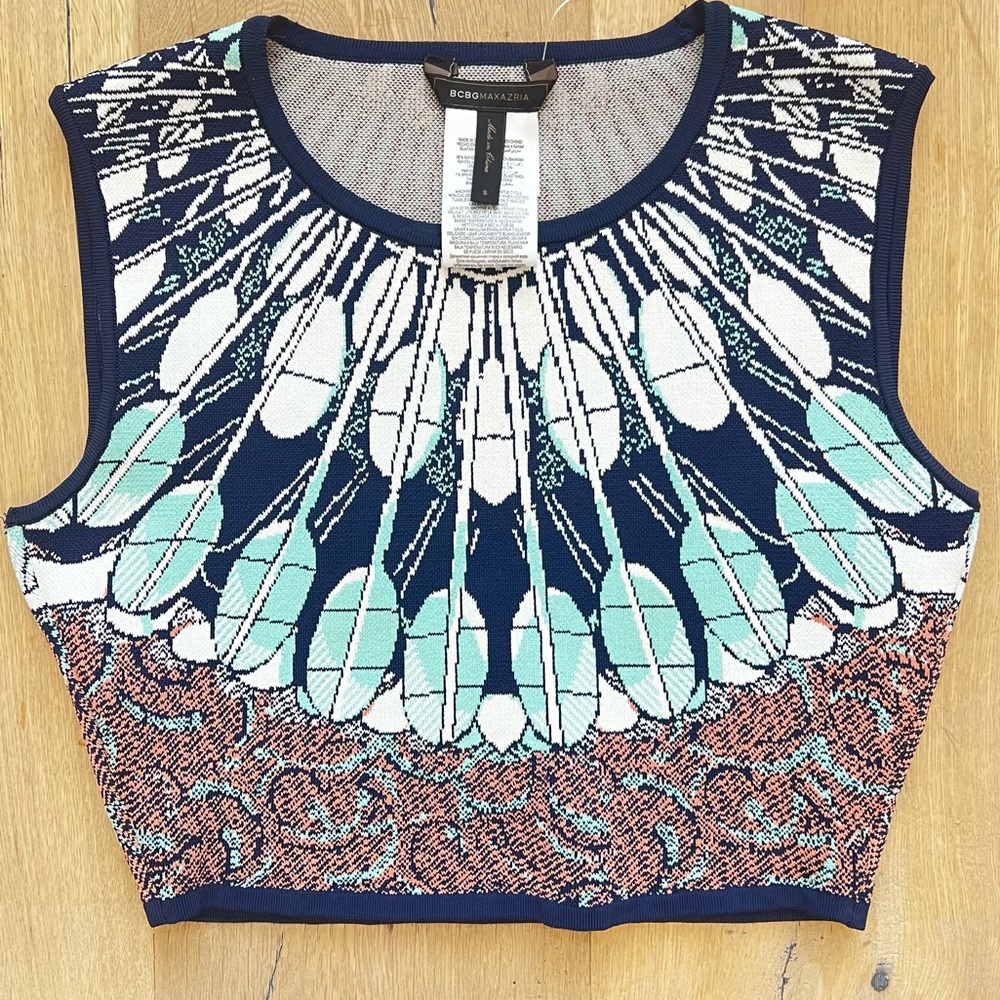 BCBGMaxazria Blue Mayim Batik Jacquard Knit Crop Top Size Small